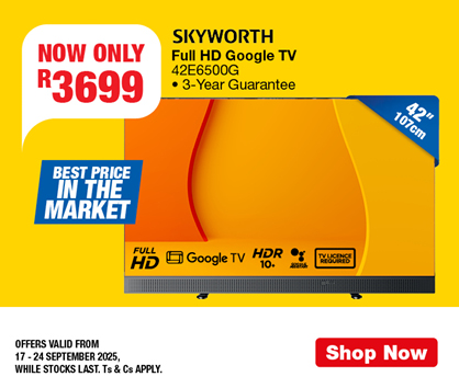 NOW ONLY R3699
                SKYWORTH Full HD Google TV
                42E6500G
                • 3-Year Guarantee