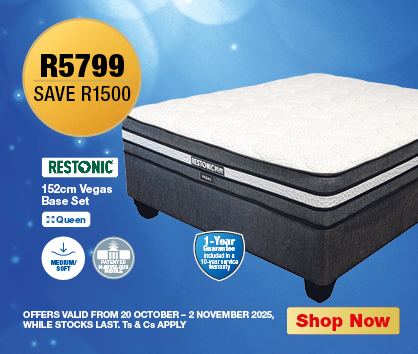 • 4-Year Guarantee
            R5799, SAVE R1500
            Restonic 152cm Vegas Base Set