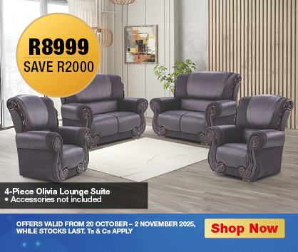 R8999, SAVE R2000
            4-Piece Olivia Lounge Suite
            • Accessories not included