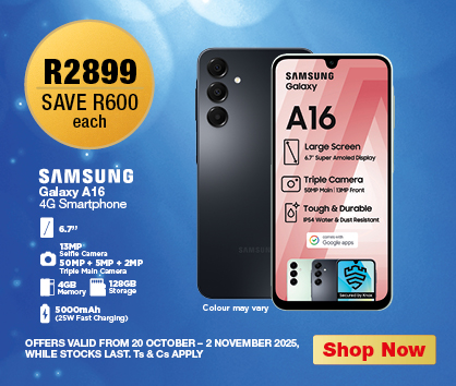 R2899, SAVE R600 each
            Samsung Galaxy A16
            4G Smartphone