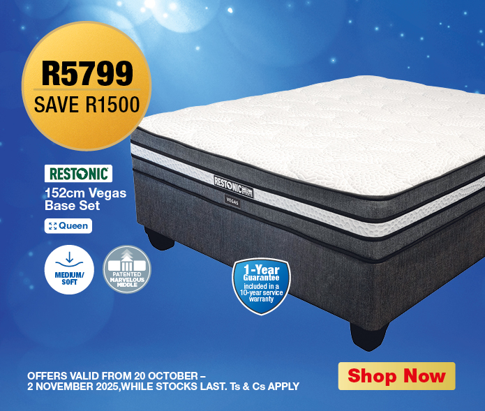 • 4-Year Guarantee
            R5799, SAVE R1500
            Restonic 152cm Vegas Base Set