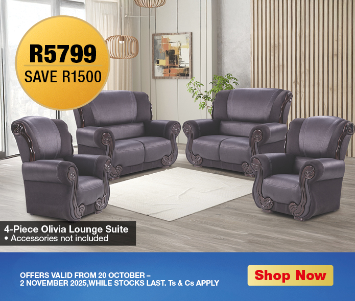 R8999, SAVE R2000
            4-Piece Olivia Lounge Suite
            • Accessories not included