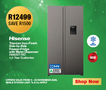 R12499, SAVE R1500 Hisense Titanium Inox-Finish Side-by-Side Freezer-Fridge with Water Dispenser
H680SIT-WD
• 4-Year Guarantee