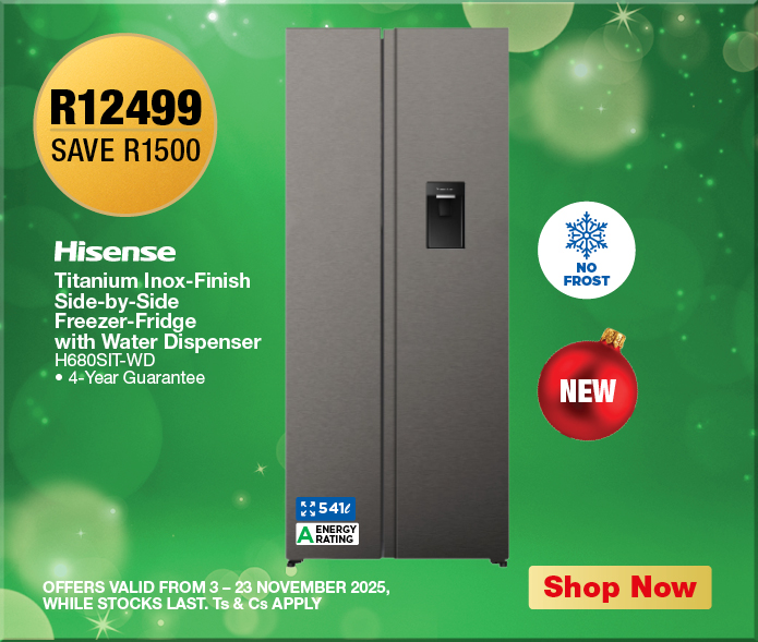 R12499, SAVE R1500 Hisense Titanium Inox-Finish Side-by-Side Freezer-Fridge with Water Dispenser
H680SIT-WD
• 4-Year Guarantee