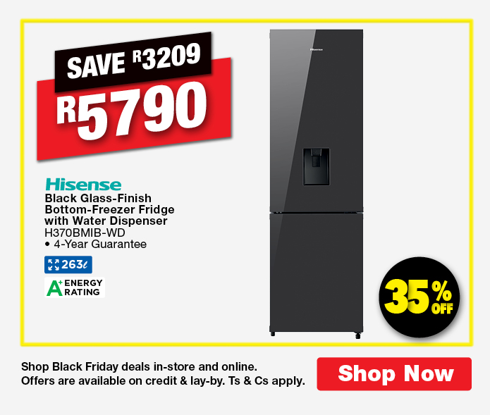 SAVE R3209, R5790
                Hisense Black Glass-Finish Bottom-Freezer Fridge with Water Dispenser
                H370BMIB-WD
                • 4-Year Guarantee