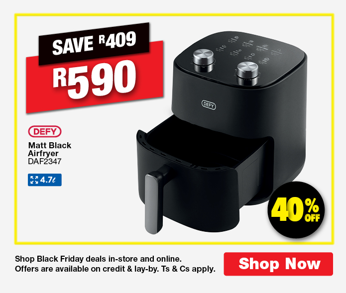 SAVE R409, R590
                Defy Matt Black Airfryer
                DAF2347
