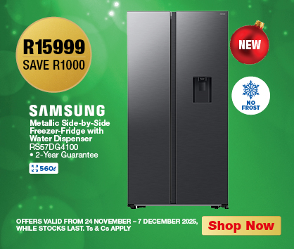 Samsung Metallic Side-by-Side Freezer-Fridge with Water Dispenser
                RS57DG4100
                Price R15999, Save R1000