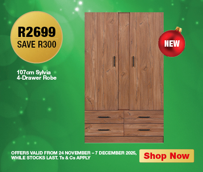 107cm Sylvia 4-Drawer Robe
                Price R2699, Save R300