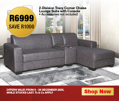 R6999, SAVE 1000
                2-Division Tracy Comer Chaise Lounge Suite with Console
                • Accessories not included