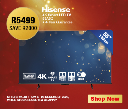 R5499, R2000
                Hisense 4K Smart LED TV 55A60
                • 4-Year Guarantee