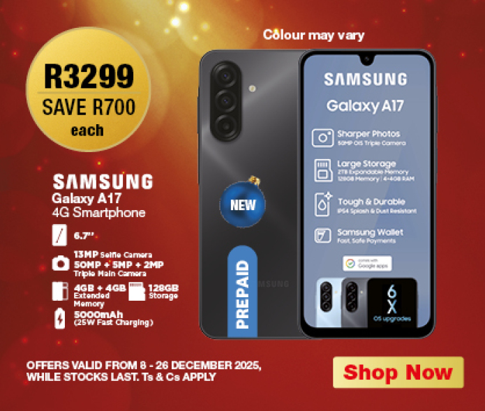 R3299, SAVE R700 each
                SAMSUNG Galaxy A17 4G Smartphone