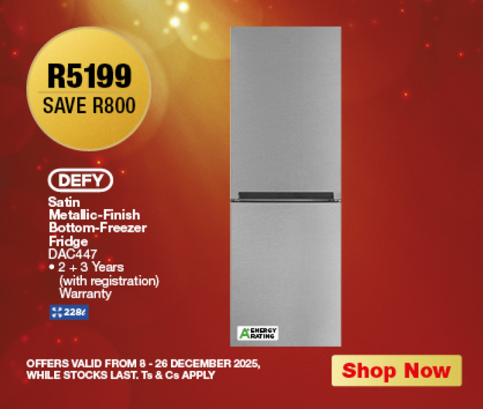 R5199, SAVE R800
                DEFY Satin Metallic-Finish Bottom-Freezer Fridge
                DAC447
                • 2 + 3 Years (with registration)