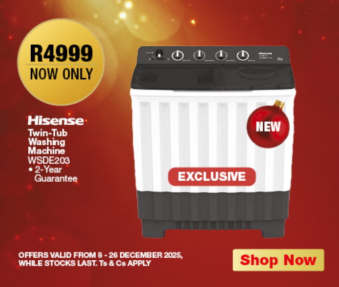 R4999 NOW ONLY
                Hisense Twin-Tub Washing Machine
                WSDE203
                • 2-Year Guarantee