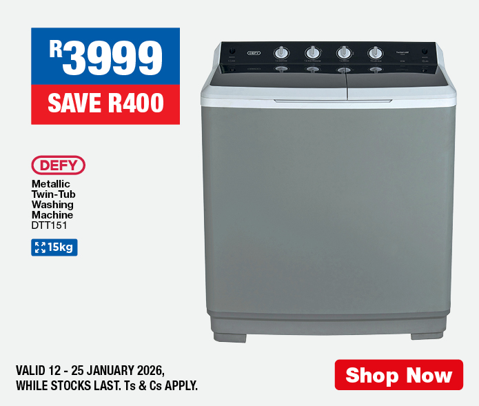 R3999, SAVE R400
                Defy Metallic Twin-Tub Washing Machine
                DTT151