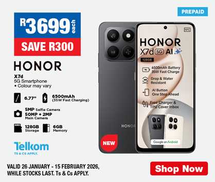 R3699 each, SAVE R300
                HONOR X7d 5G Smartphone
                &bull; Colour may vary