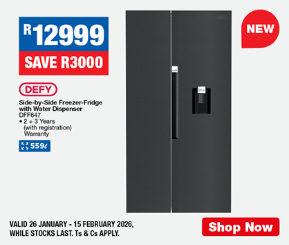 R12999, SAVE R3000
                DEFY
                Side-by-Side Freezer-Fridge with Water Dispenser
                DFF647
                &bull; 2 + 3 Years (with registration) Warranty