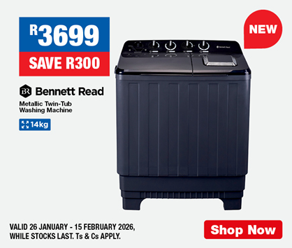 R3699, SAVE R300
                Bennett Read Metallic Twin-Tub Washing Machine