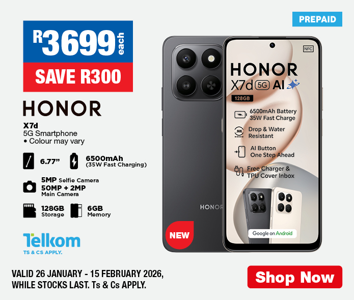 R3699 each, SAVE R300
                HONOR X7d 5G Smartphone
                &bull; Colour may vary