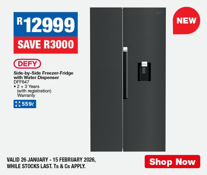 R12999, SAVE R3000
                DEFY
                Side-by-Side Freezer-Fridge with Water Dispenser
                DFF647
                &bull; 2 + 3 Years (with registration) Warranty