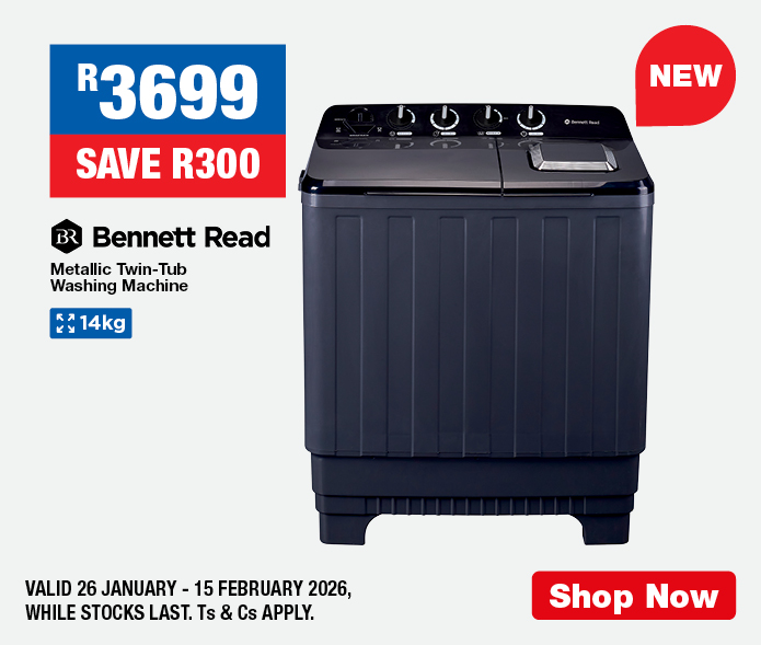 R3699, SAVE R300
                Bennett Read Metallic Twin-Tub Washing Machine
