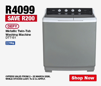 R4099, SAVE R200 
                Defy Metallic Twin-Tub Washing Machine
                DTT151