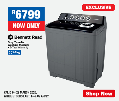 R6799 NOW ONLY
                Bennett Read Grey Twin-Tub Washing Machine
                &bull; 3-Year Warranty