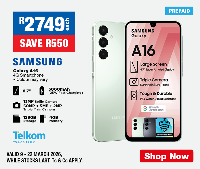 R2749 each, SAVE R550
                Samsung Galaxy A16 4G Smartphone
                &bull; Colour may vary