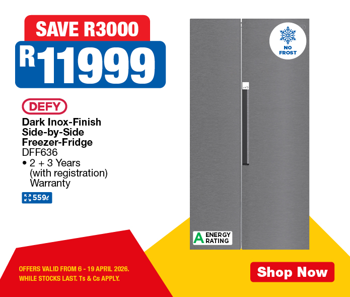 SAVE R3000, R11999
                Defy Dark Inox-Finish Side-by-Side Freezer-Fridge
                DFF636
                &bull; 2 + 3 Years (with registration) Warranty