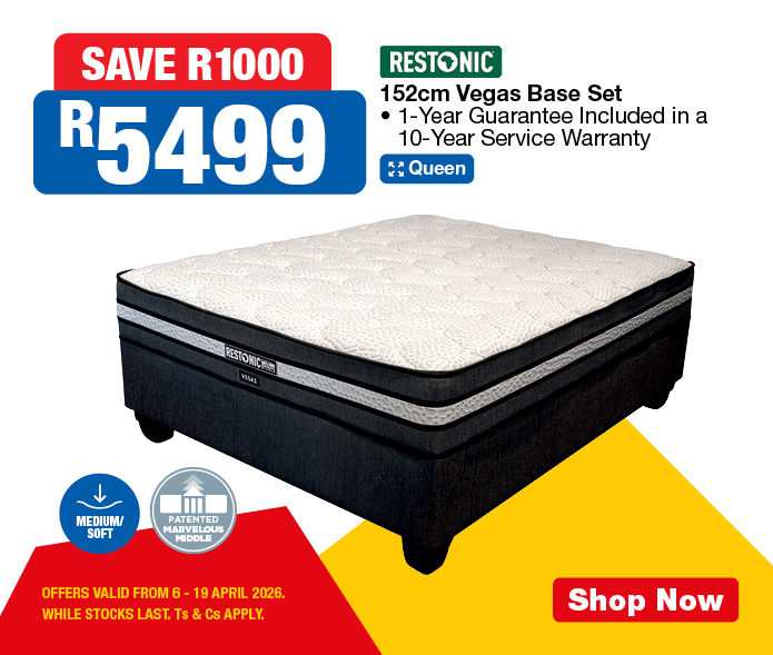 SAVE R1000, R5499
                Restonic 152cm Vegas Base Set
                &bull; 1-Year Guarantee Included in a 10-Year Service Warranty