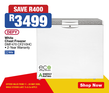 SAVE R400, R3499
            DEFY White Chest Freezer
            DMF470 CF210HC
            &bull; 2-Year Warranty