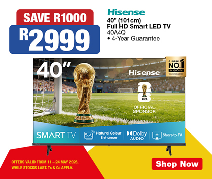 SAVE R1000, R2999
            Hisense 40' (101cm) Full HD Smart LED TV
            40A4Q
            &bull; 4-Year Guarantee