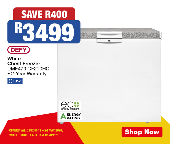 SAVE R400, R3499
            DEFY White Chest Freezer
            DMF470 CF210HC
            &bull; 2-Year Warranty