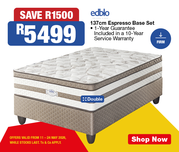 SAVE R1500, R5499
            Edblo 137 cm Espresso Base Set
            &bull; 1-Year Guarantee
            Included in a 10-Year Service Warranty