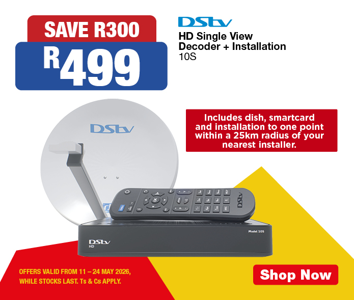 SAVE R300, R499
            DStv HD Single View Decoder + Installation
            10S
            Includes dish, smartcard and installation to one point within a 25km radius of your nearest installer.