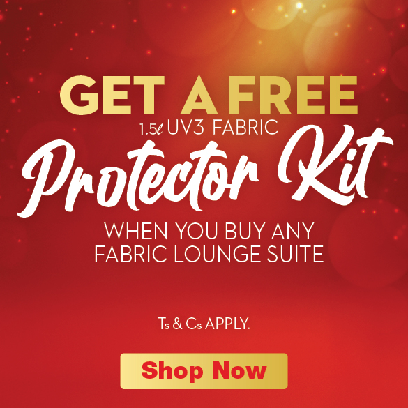 Free 1.5l uv3 fabric protector kit when you purchase any fabric lounge suite